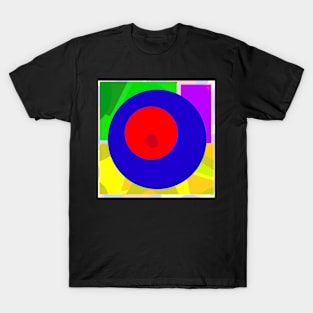 A red circle on blue T-Shirt